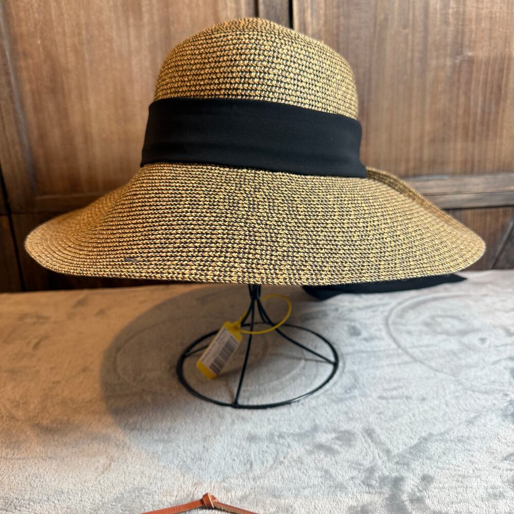 Nine West Wide Brim Straw Sun Hat Brown Black Floppy Beach Resort Womens - Picture 2 of 8